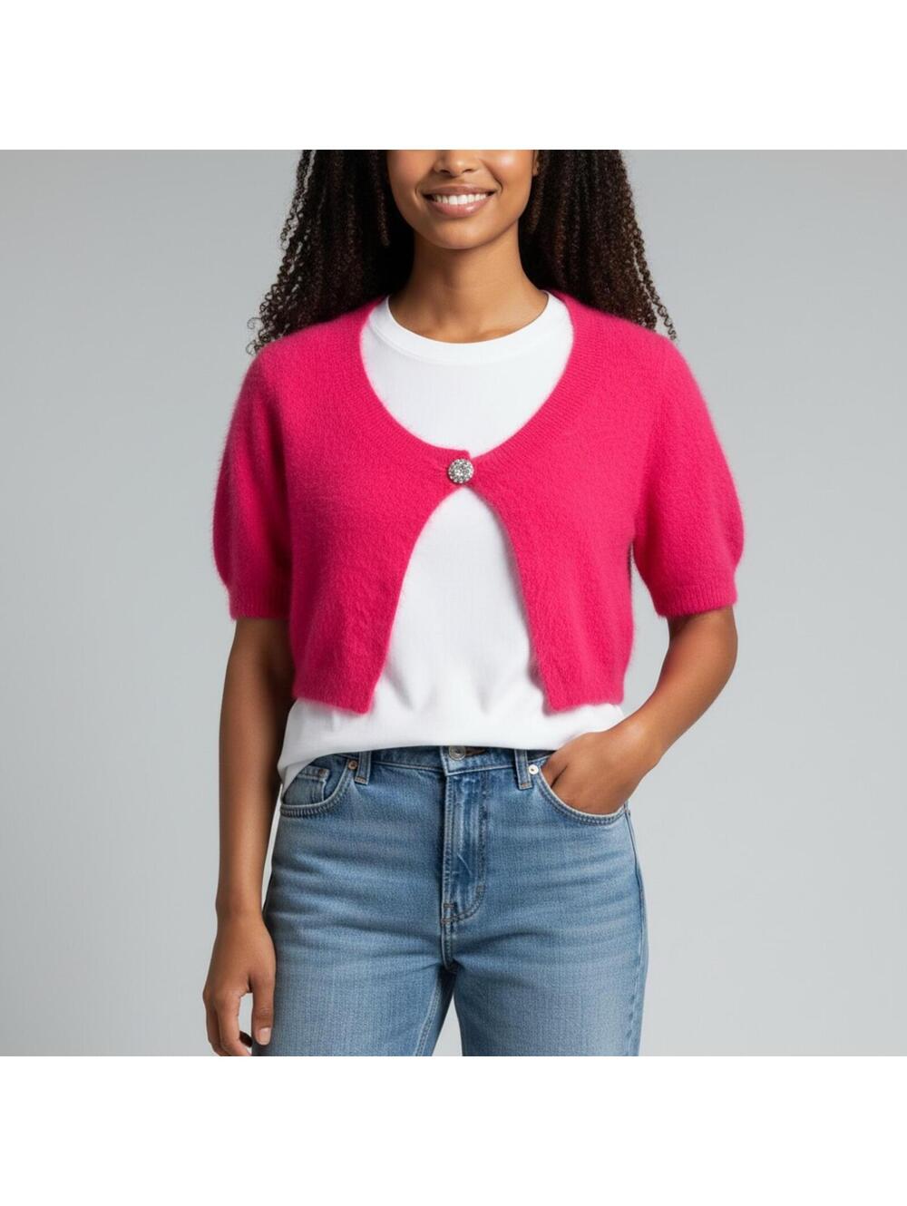 Express Angora Rabbit Hair Sweater Hot Pink Bombshell Knit Shrug Crop Womens M